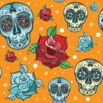 Vector seamless pattern with sugar skull with roses Stock Illustration