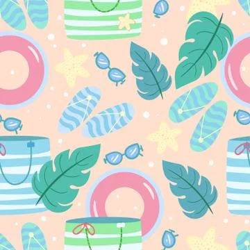Vector seamless pattern with summer beach accessories. Tropical vacation Illustrazione stock