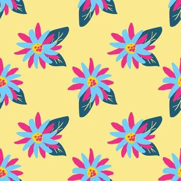 Vector seamless pattern Summer flowers on yellow background Stock Illustration