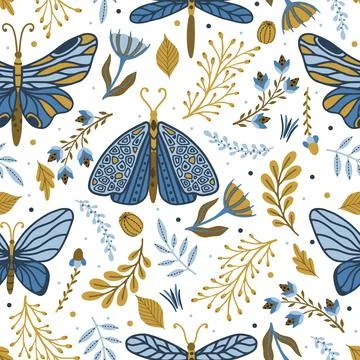 Vector seamless pattern with summer herbs and butterflies Illustrazione stock
