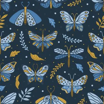 Vector seamless pattern with summer herbs and butterflies Stock Illustration