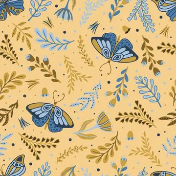 Vector seamless pattern with summer herbs and butterflies Stock Illustration