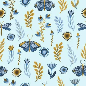 Vector seamless pattern with summer herbs and butterflies Stock Illustration