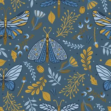 Vector seamless pattern with summer herbs and butterflies Illustrazione stock