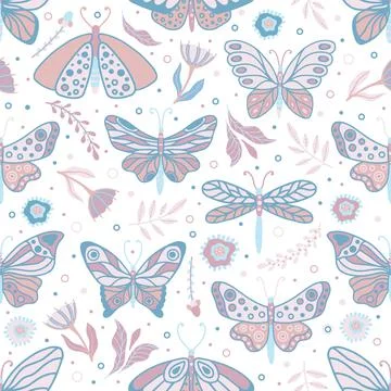 Vector seamless pattern with summer herbs and butterflies Illustrazione stock