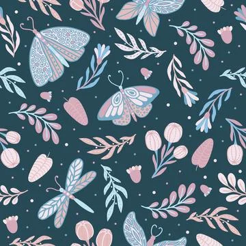Vector seamless pattern with summer herbs and butterflies Stock Illustration