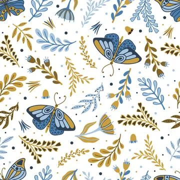 Vector seamless pattern with summer herbs and butterflies Stock Illustration