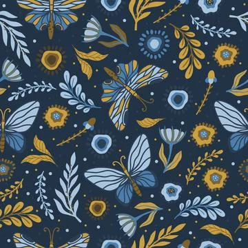 Vector seamless pattern with summer herbs and butterflies Stock Illustration