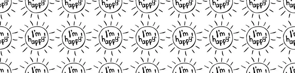 Vector Seamless pattern with sun icons with I am happy letterings. Symbol of  스톡 일러스트