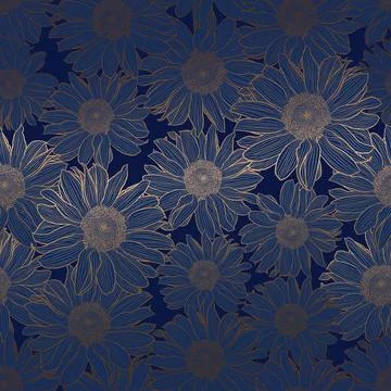 Vector seamless pattern of sunflowers, gold metallic linear drawing on deep blue Stock Illustration