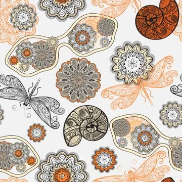 Vector seamless pattern with sunglasses, flowers, shells,and dragonflies Stock Illustration