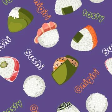 Vector seamless pattern of sushi onigiri violet background Illustrazione stock