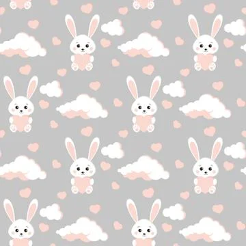 Vector seamless pattern with sweet and cute bunny white rabbit, clouds, pink  イラスト素材
