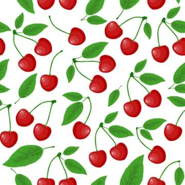 Vector Seamless pattern with sweet cherry and leaves. Stock Illustration