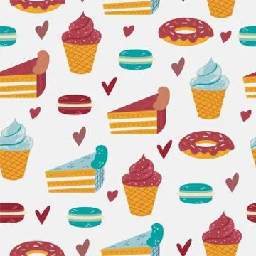 Vector seamless pattern with sweet deserts on the blue background. Stock Illustration