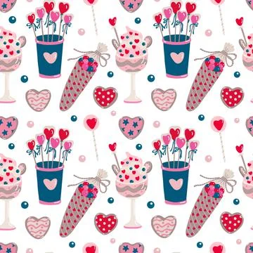 Vector seamless pattern with sweet food for Valentine's day on white. Stock Illustration