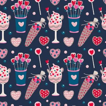 Vector seamless pattern with sweet food for Valentine's day on dark. Stock Illustration