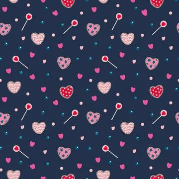 Vector seamless pattern with sweets for Valentine's day on navy blue Stock Illustration