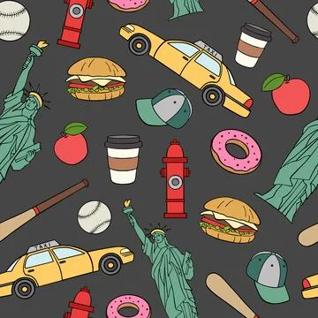Vector seamless pattern with symbols of America, USA. bright pattern with d.. Stock Illustration