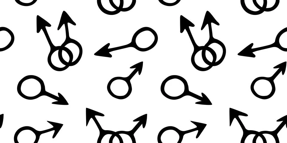 Vector seamless pattern of symbols of mars, male gender icons in doodle style Stock Illustration