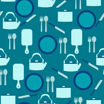 Vector seamless pattern with tableware on blue background. Repeat backdrop with 스톡 일러스트