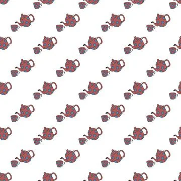 Vector seamless pattern with teapot and cup. Hand drawn doodle pattern on whi Stock Illustration