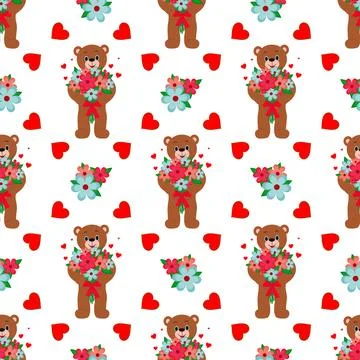 Vector seamless pattern. Teddy bear with a bouquet of flowers. 스톡 일러스트