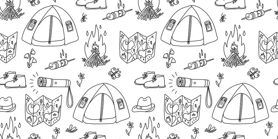 Vector seamless pattern with tent, map, bonfire and other camp things Illustrazione stock