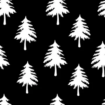 Vector seamless pattern texture of white carved Christmas fir trees on a black Stockillustratie
