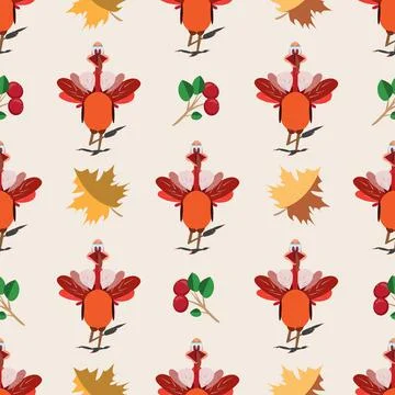 Vector seamless pattern with Thanksgiving turkeys, cranberries, maple leaves. 스톡 일러스트