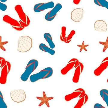 Vector seamless pattern on the theme of the beach, flip flops, shells, and Stock Illustration