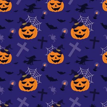 Vector seamless pattern on the theme of Halloween which shows pumpkin, witch Stock Illustration