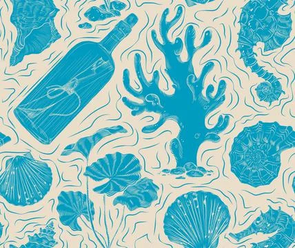 Vector seamless pattern on the theme of the sea depths. Ideal for textile pri Stock Illustration