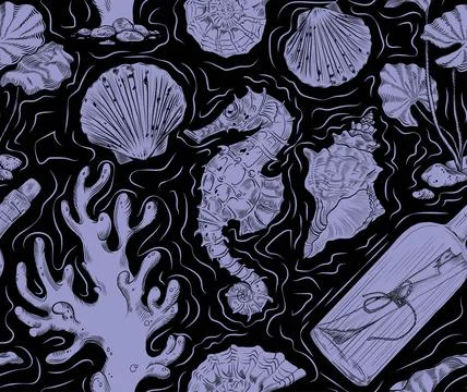 Vector seamless pattern on the theme of the sea depths. Ideal for textile pri Stock Illustration