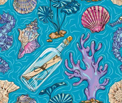 Vector seamless pattern on the theme of the sea depths. Ideal for textile pri Stock Illustration