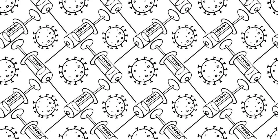 Vector seamless pattern on theme of vaccination. Contour molecules, coronavir Illustrazione stock