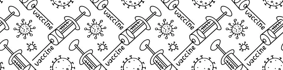 Vector seamless pattern on theme of vaccination. Contour molecules, coronavir Stock Illustration