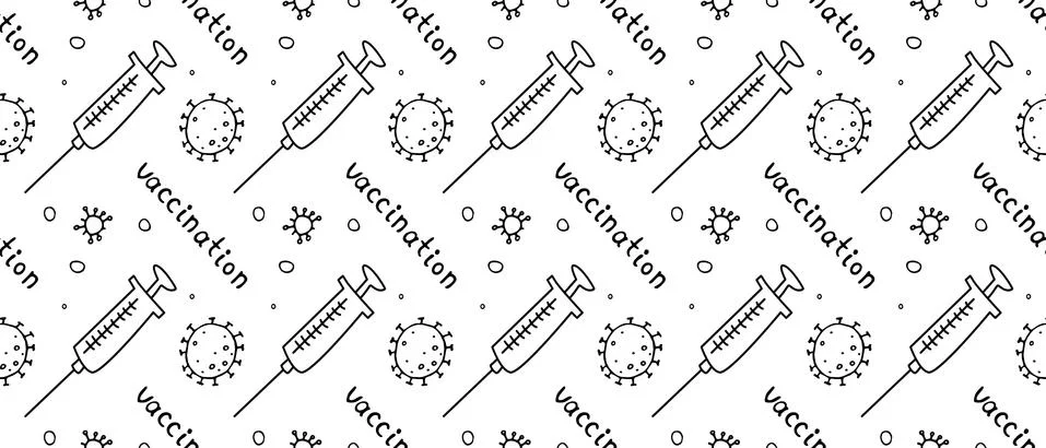 Vector seamless pattern on theme of vaccination. Contour molecules, coronavir Stock Illustration