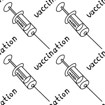 Vector seamless pattern on theme of vaccination. Contour vaccine syringes wit Stock Illustration