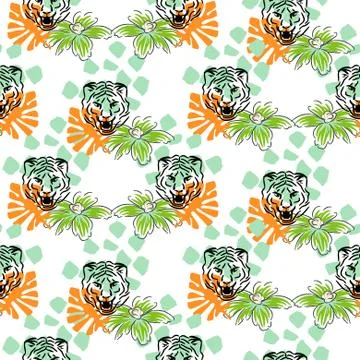 Vector seamless pattern with tiger heads and flowers on white dotted background Stock Illustration