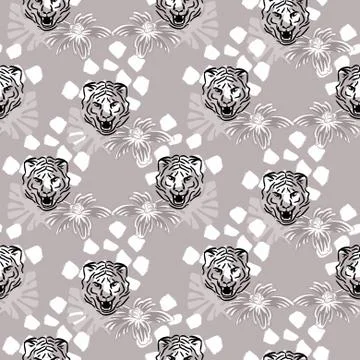 Vector seamless pattern with tiger heads and flowers on gray taupe dotted Stock Illustration