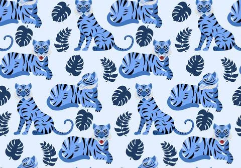 Vector seamless pattern with tigers and tropical plants Stock Illustration
