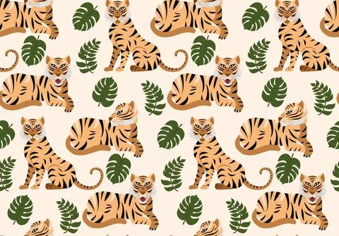 Vector seamless pattern with tigers and tropical plants Stock Illustration
