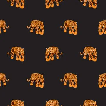 Vector seamless pattern with tigers on black background. Fabric design for Illustrazione stock
