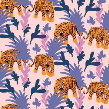 Vector seamless pattern with tigers in the jungle. Tropical pink and purple Stock Illustration