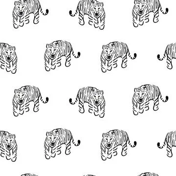 Vector seamless pattern with tigers on white background. Fabric design for Stock Illustration