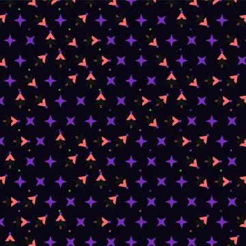 Vector seamless pattern with tiny pink trees and purple stars on dark backg.. Stock Illustration