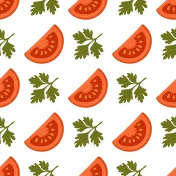 Vector Seamless Pattern with Tomatoes and Parsley. Fresh Vegetable Food Stock Illustration
