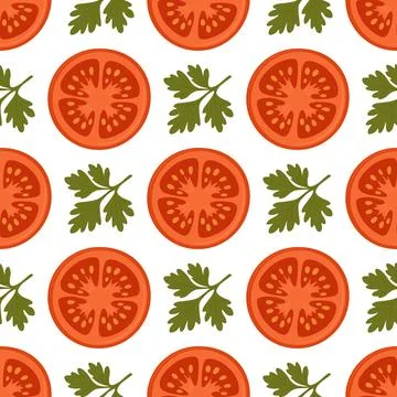 Vector Seamless Pattern with Tomatoes and Parsley. Fresh Vegetable Food Stock Illustration