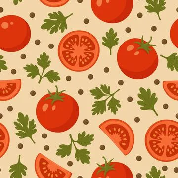 Vector Seamless Pattern with Tomatoes, Parsley and Peppercorns. Fresh Vegetable Stock Illustration